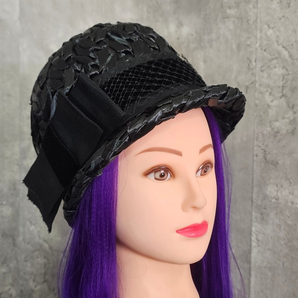 Vintage 60s Black Raffia Pillbox Hat ILGWU Jackie O Mod Cocktail‎ Mad Men main image 6